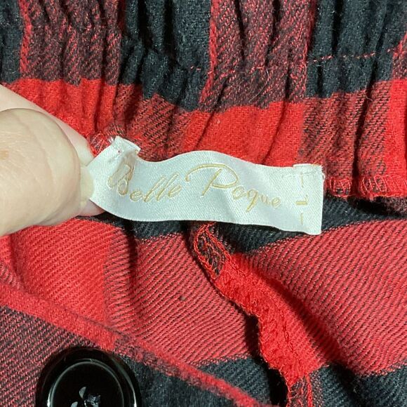 Belle Poque Red Plaid A-Line Skirt, Elastic Waist, Pockets - Picture 6 of 8